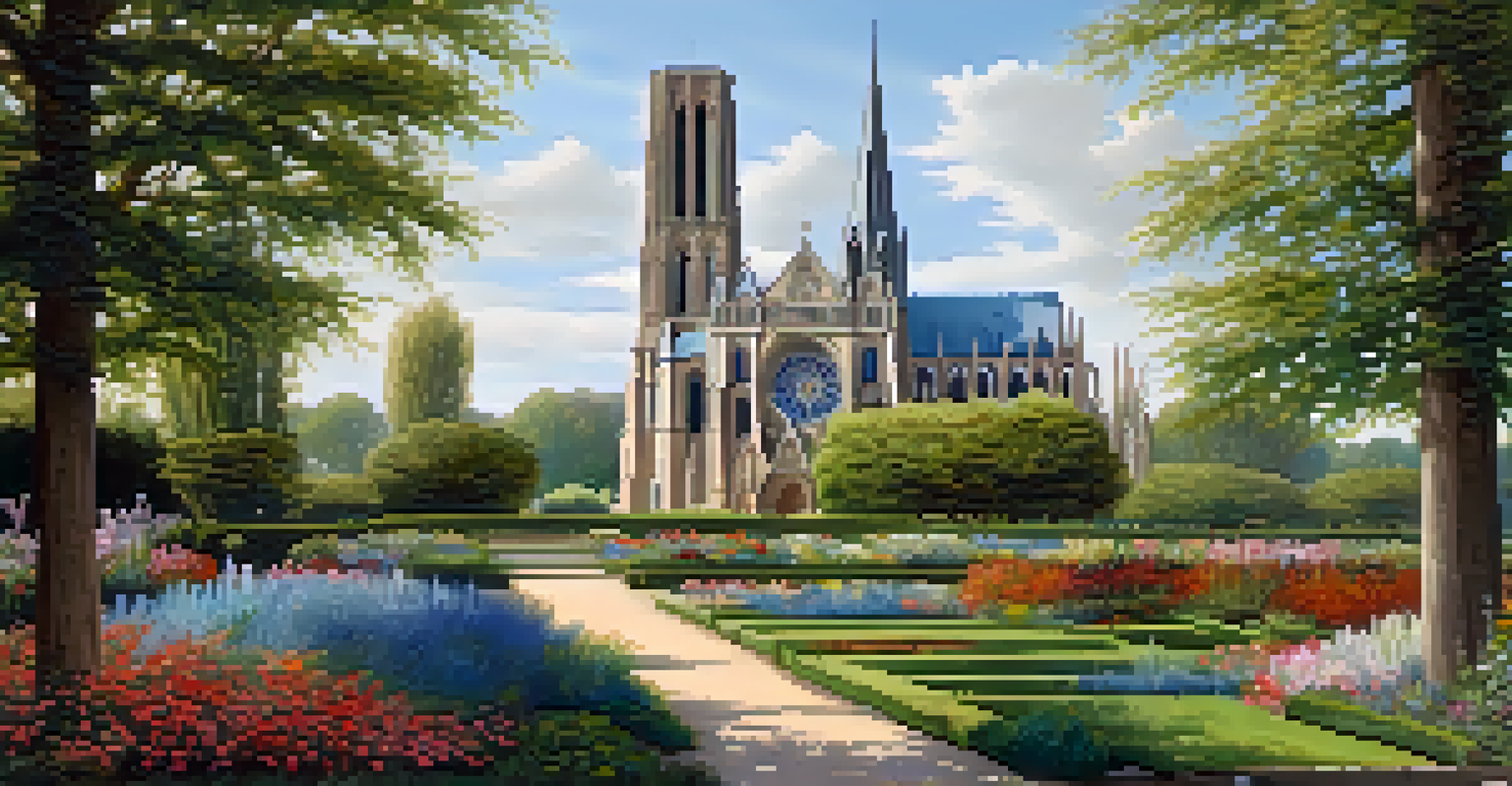 Chartres Cathedral surrounded by gardens, showcasing its blue stained glass windows and intricate façade details.