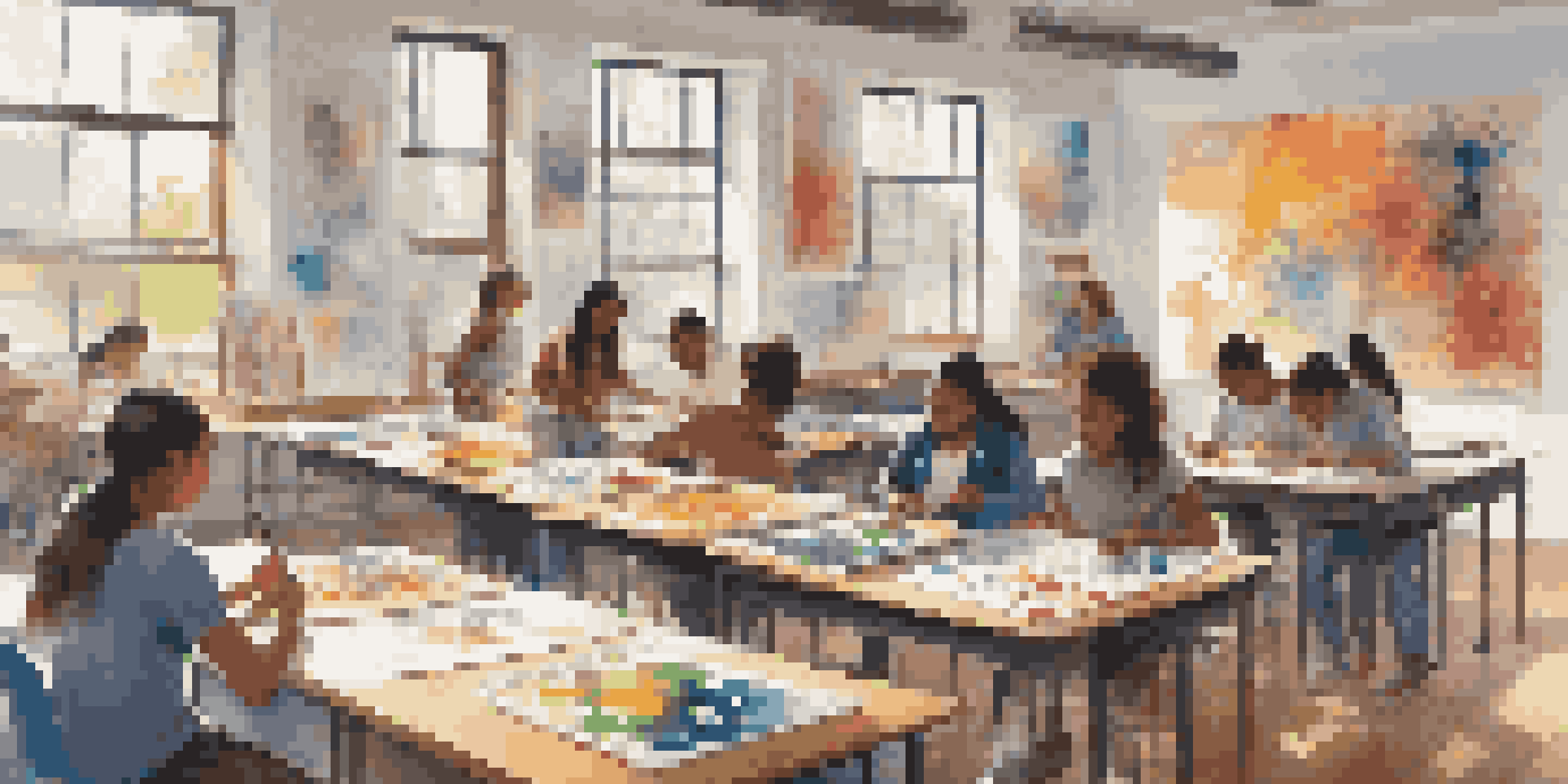 A lively art classroom with diverse students collaborating on painting projects, surrounded by colorful artwork and natural light.