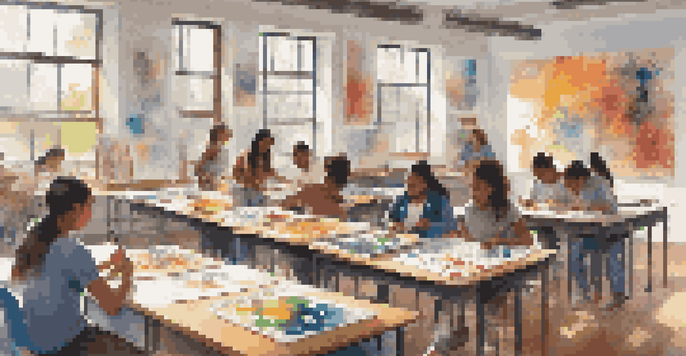 A lively art classroom with diverse students collaborating on painting projects, surrounded by colorful artwork and natural light.