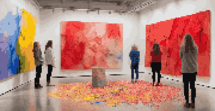 An art installation showcasing a large, colorful canvas and sculptures representing resilience, with people observing the artwork.