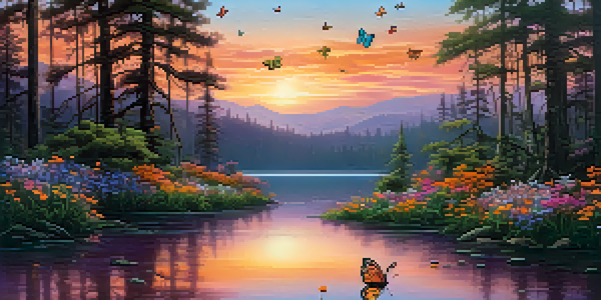 A peaceful sunset over a lush forest with tall trees and colorful butterflies near a calm lake.