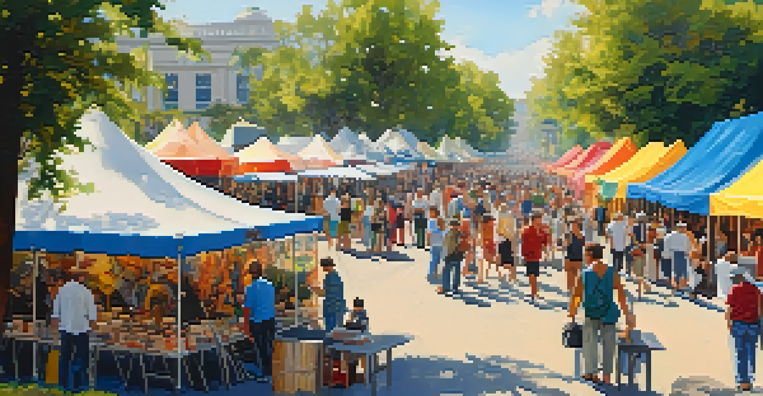 An outdoor art fair with artists and patrons engaging around colorful tents and artworks, set in a sunny environment.