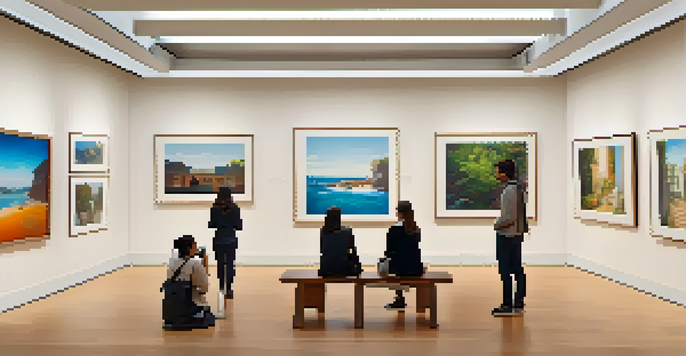 A warm and inviting art gallery showcasing a blend of traditional paintings and digital artworks, with visitors interacting with the displays.