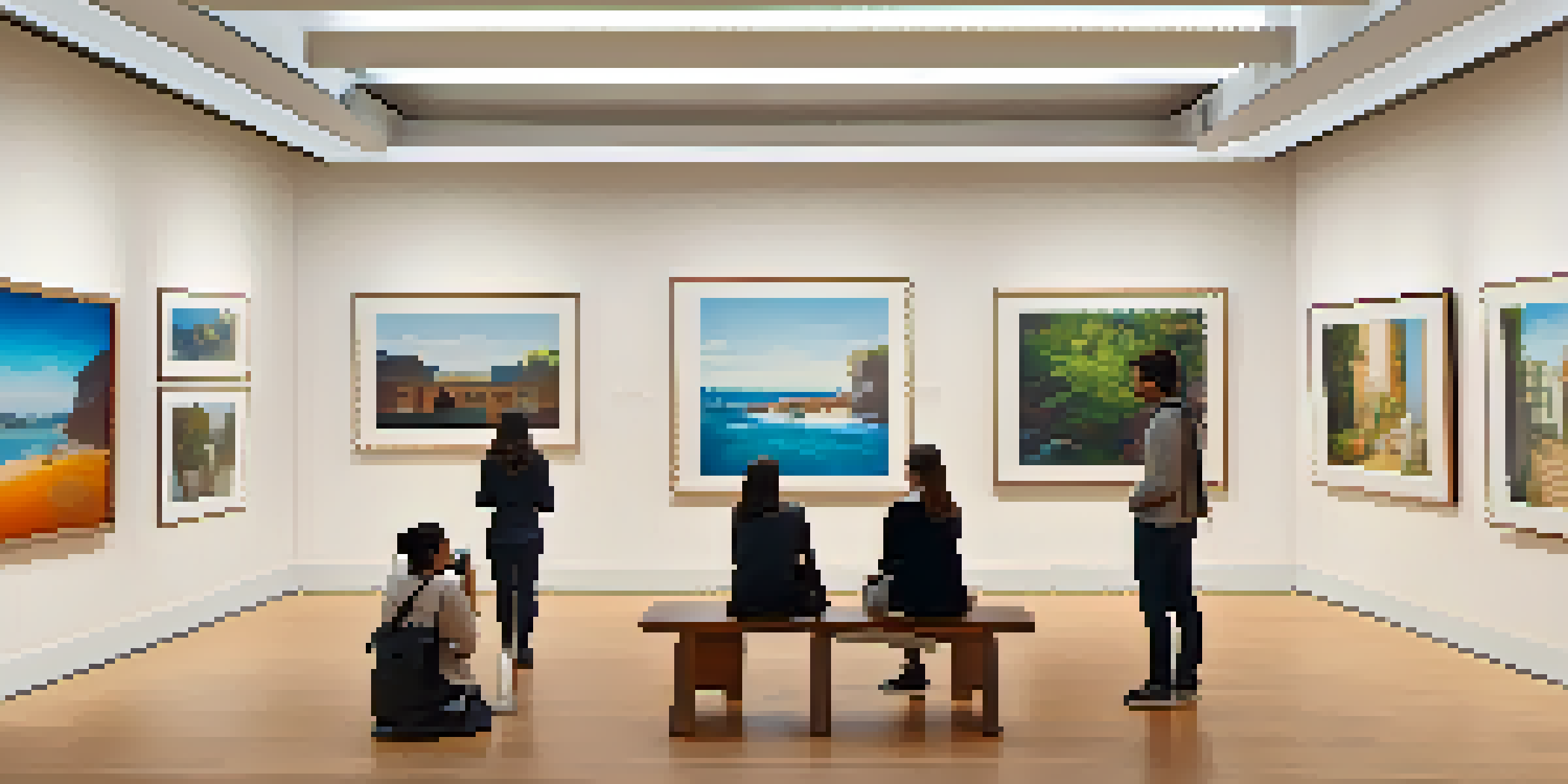 A warm and inviting art gallery showcasing a blend of traditional paintings and digital artworks, with visitors interacting with the displays.