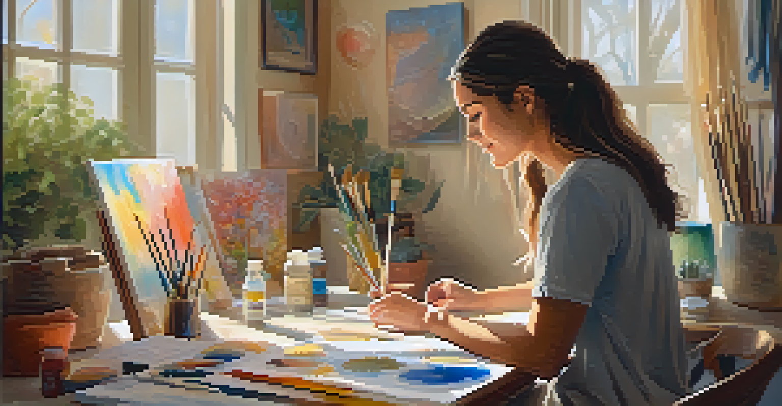 A serene art therapy session with a person painting in a sunlit room, surrounded by colorful artworks and art supplies.