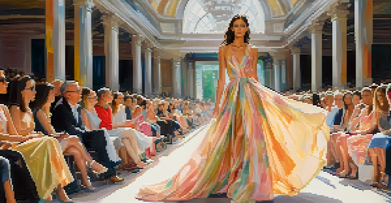 A model showcasing a gown inspired by Impressionist art on a runway, surrounded by large canvases and an engaged audience.
