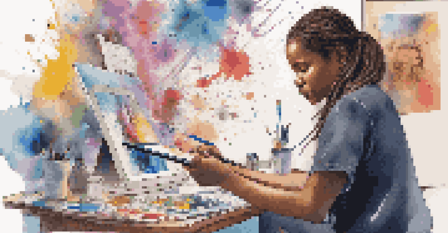 A young artist creating digital art on a tablet, surrounded by sketches and posters of social justice.