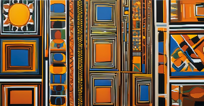 An abstract painting combining African motifs and modern techniques, showcasing bright colors and geometric shapes.