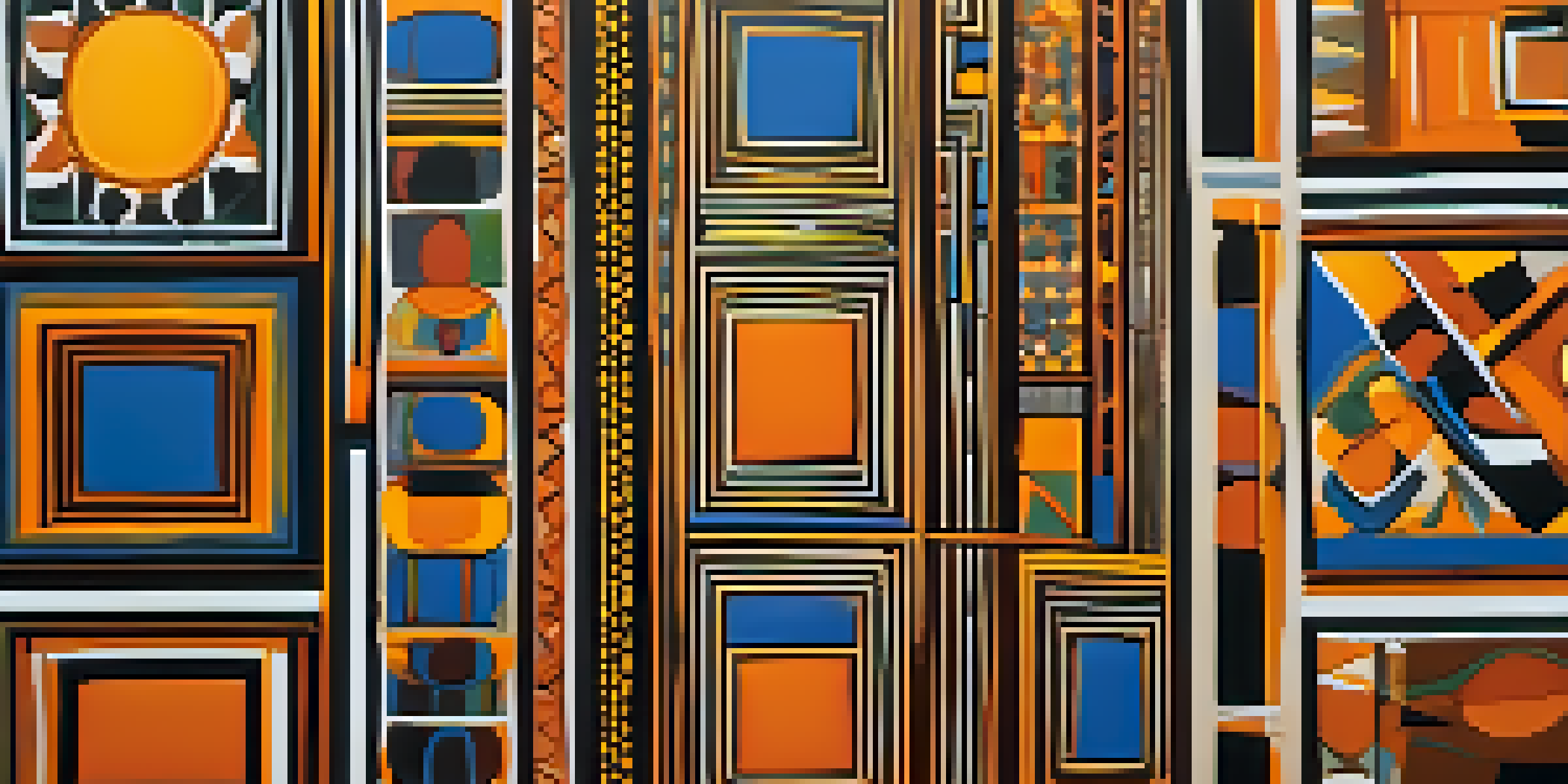 An abstract painting combining African motifs and modern techniques, showcasing bright colors and geometric shapes.