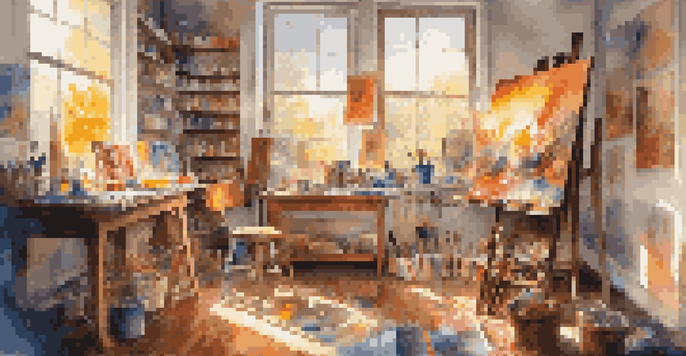 A bright art studio with a painter working on an abstract painting, surrounded by art supplies and framed artworks.