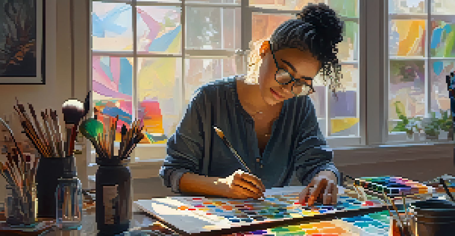 A non-binary artist creating digital art in a cozy studio filled with colorful artworks and art supplies, bathed in warm light.