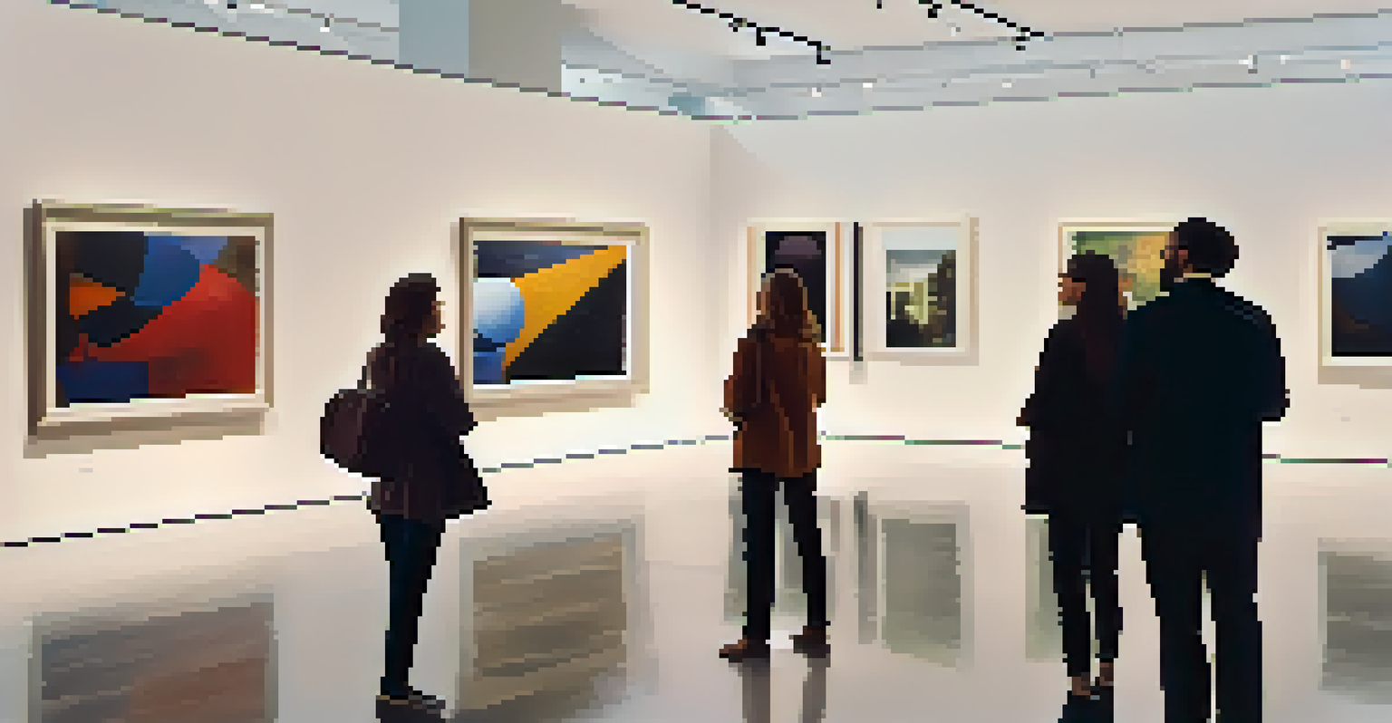 An art gallery with visitors viewing contemporary artworks.