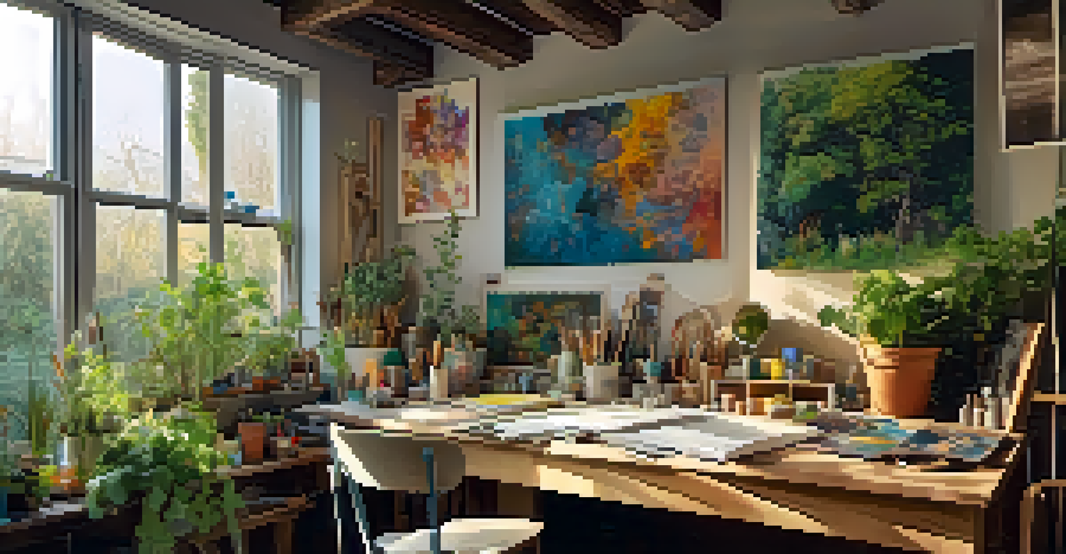An artist's studio showcasing eco-friendly art materials and a vibrant artwork in progress.