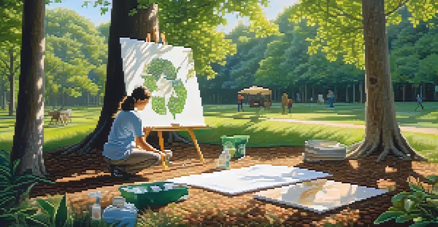 An artist in a tranquil outdoor scene painting an eco-themed landscape on a large canvas, surrounded by nature and soft sunlight.