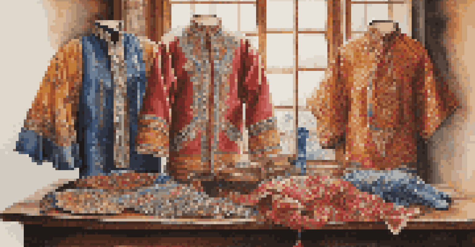 Traditional garments from various cultures displayed on a wooden table, showcasing intricate beadwork and vibrant patterns in soft natural light.