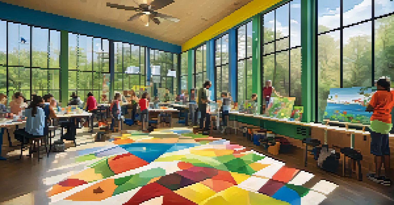 A community mural project showcasing a colorful ecosystem, with diverse individuals painting together in a bright, sunlit space.