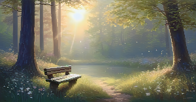 A peaceful forest scene at dawn with mist, sunlight filtering through trees, and a rustic wooden bench.