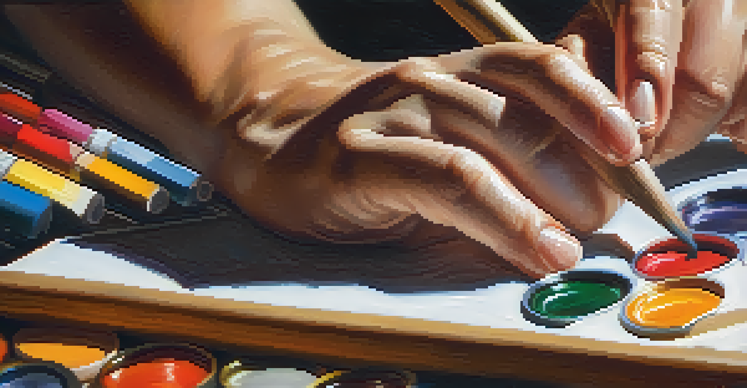 Close-up of an artist's hands mixing paint on a palette with a colorful canvas in the background.