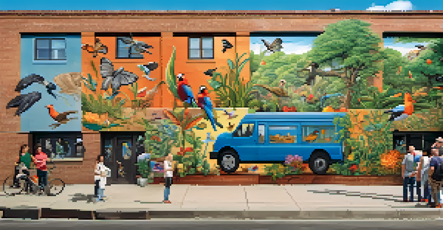 A bright mural of local wildlife painted on a brick wall in an urban area, with people working together.