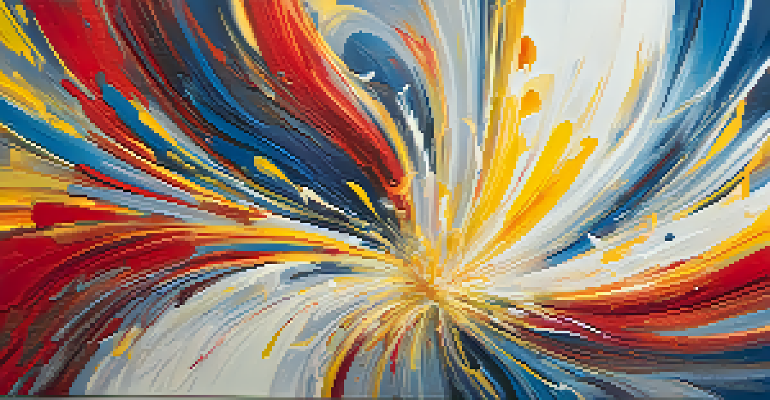 An abstract artwork featuring swirling vibrant colors and a central burst of light.