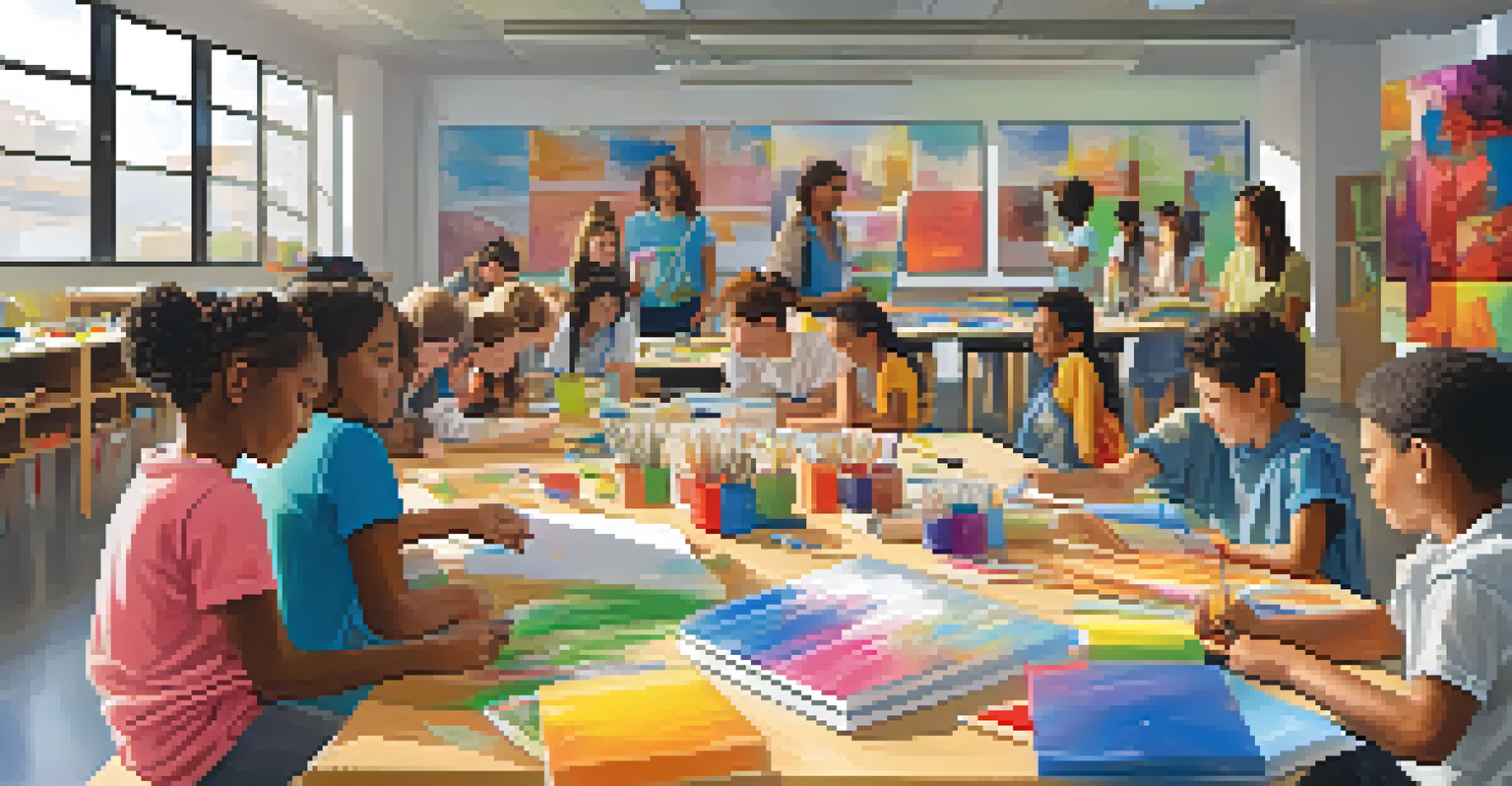 Students in a colorful classroom engaged in an art project, collaborating and exploring their creativity with a supportive teacher.