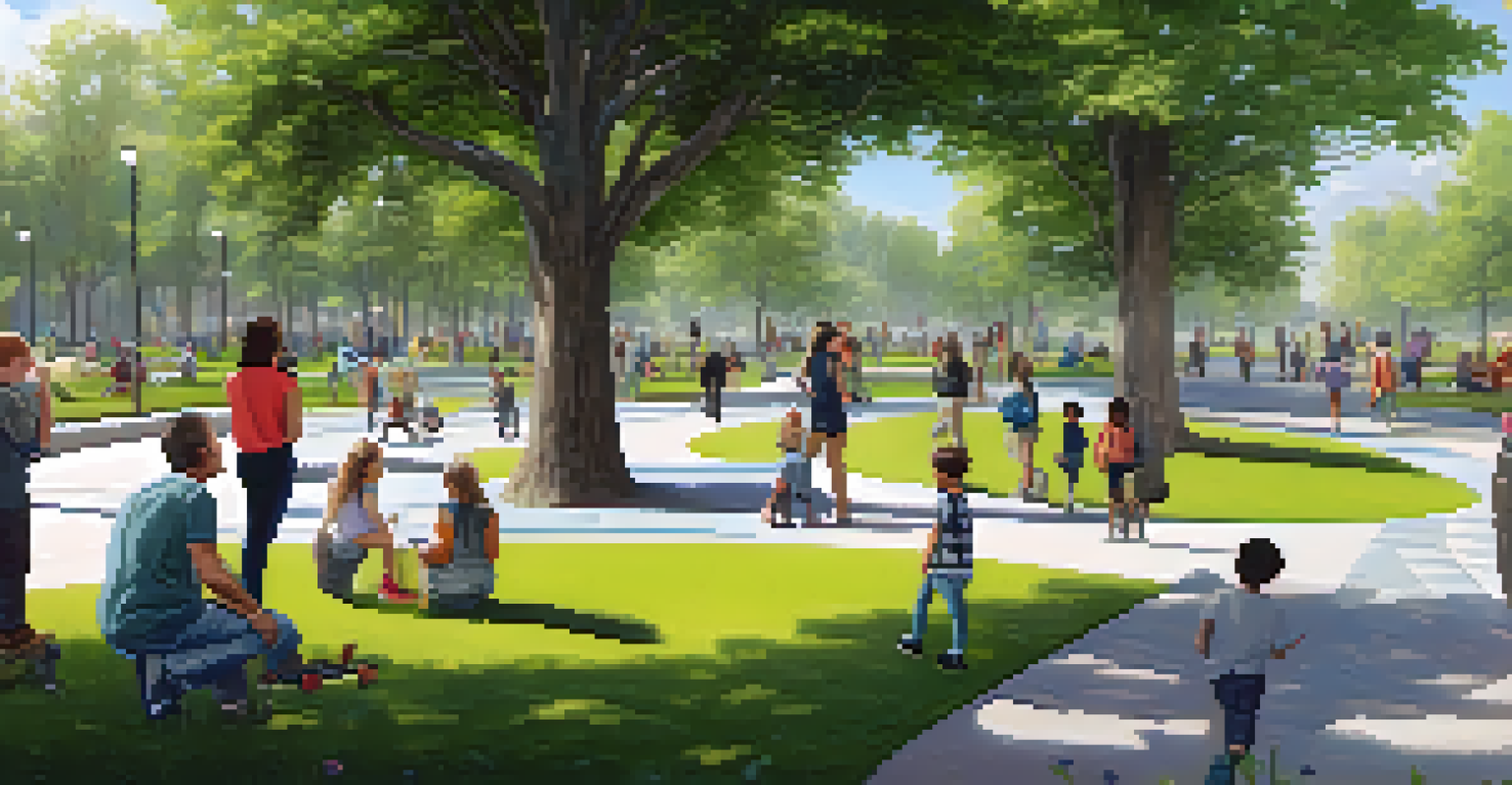 An outdoor art installation in a park with interactive sculptures and accessible pathways, featuring people of various backgrounds engaging with the art.