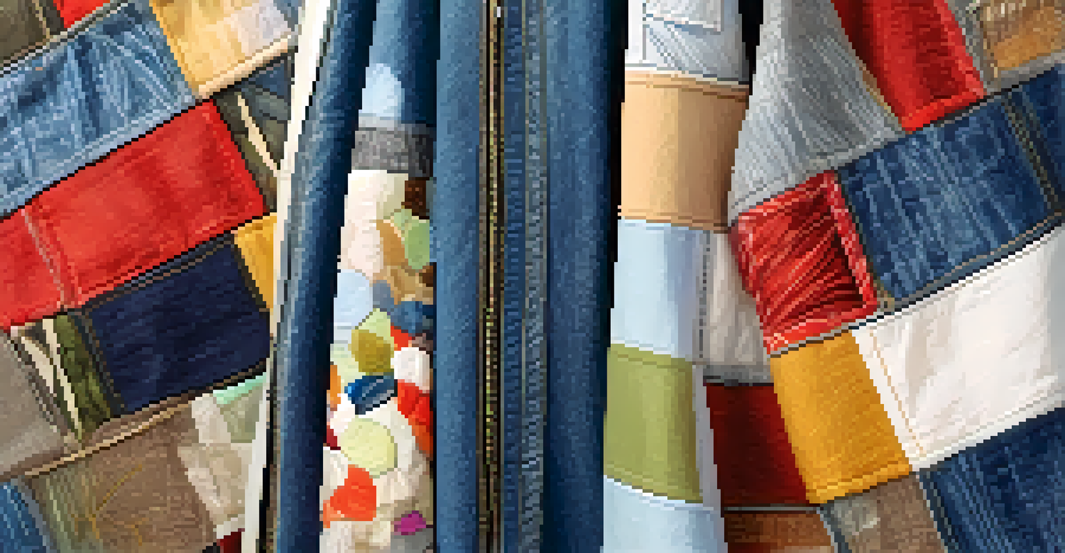A close-up of a sustainable fashion garment made from colorful recycled materials, showcasing intricate stitching and textures under natural light.