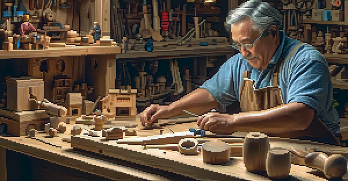 An artisan carefully crafting a wooden toy at a workbench, surrounded by handmade toys, with warm light illuminating the scene.