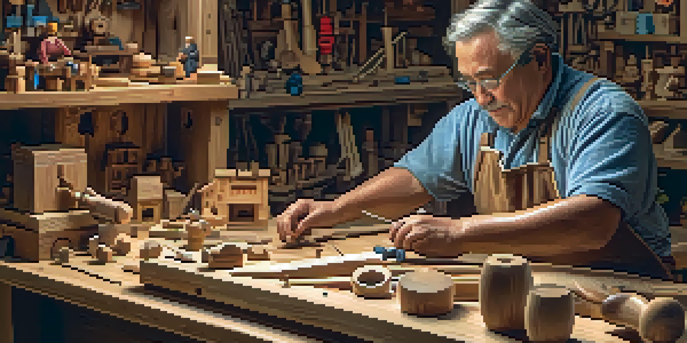 An artisan carefully crafting a wooden toy at a workbench, surrounded by handmade toys, with warm light illuminating the scene.