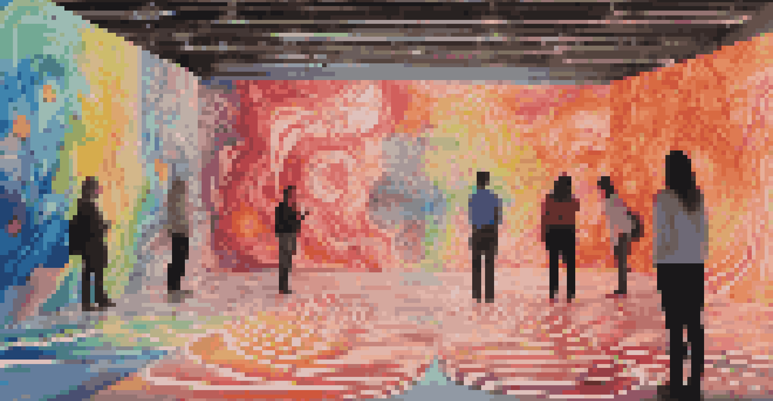A digital art installation blending human figures with swirling digital patterns, inviting reflection on identity.
