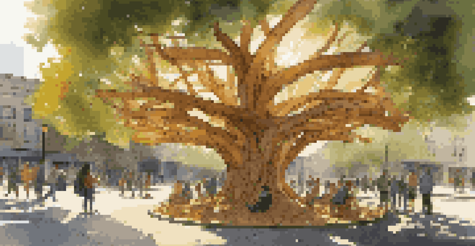 A large public art installation shaped like a tree made from recycled materials, set in an urban park with people around.