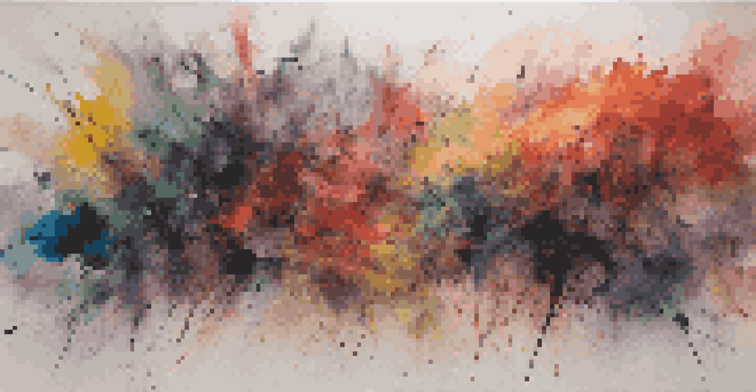 An abstract painting with bold colors and dynamic brush strokes, symbolizing the emotional impact of conflict in a gallery.