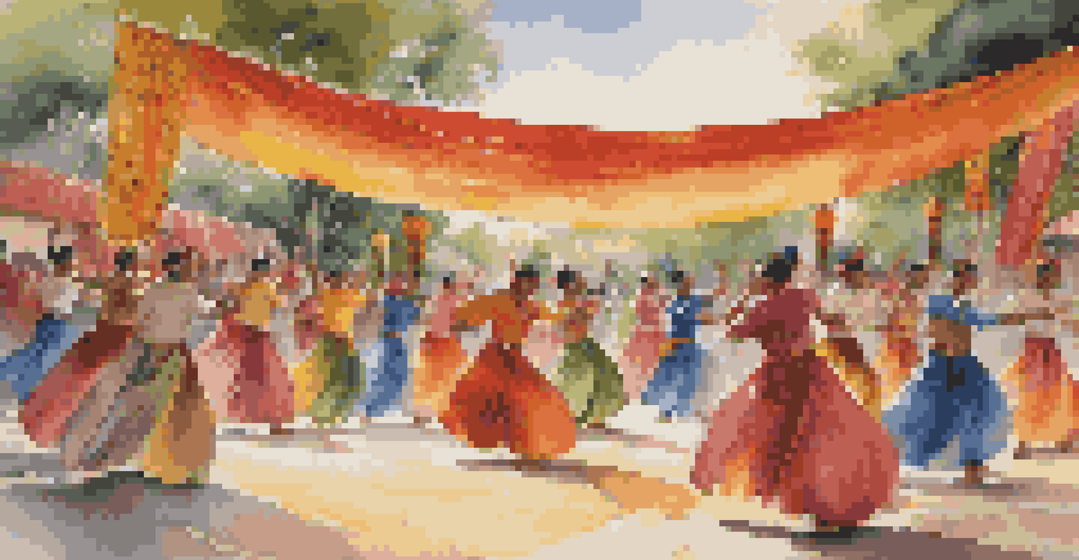 Dancers in traditional attire performing a ritual dance, surrounded by musicians and colorful banners.