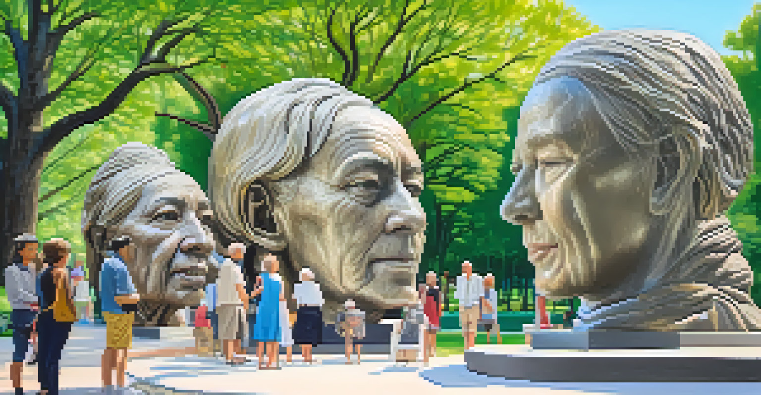 An outdoor art installation with large sculptures celebrating aging, set in a green park with visitors admiring the artwork.