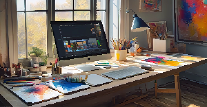 A bright artist's studio showcasing digital tools, a tablet, and colorful paint splatters, with warm natural light filtering through a window.