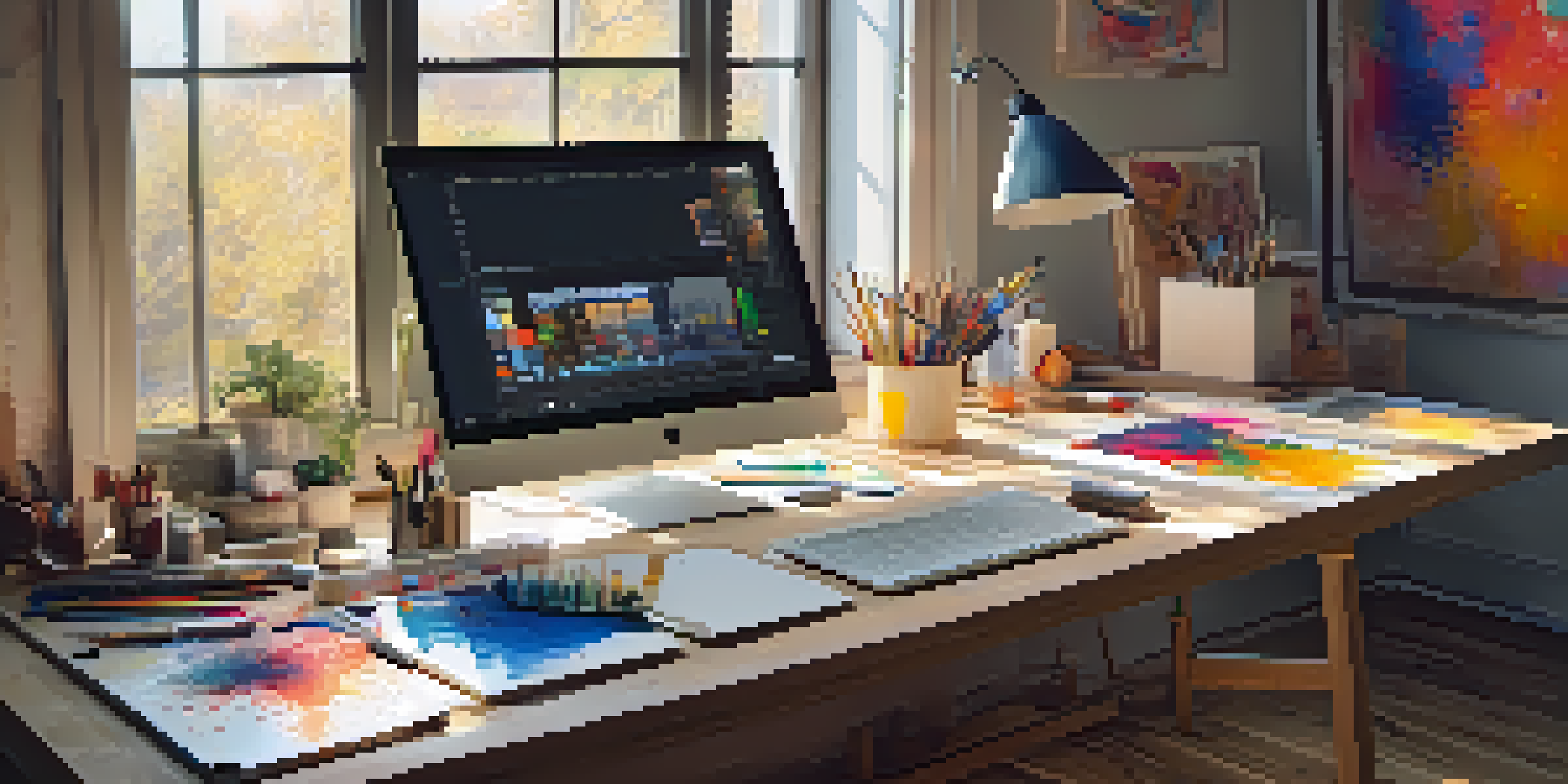 A bright artist's studio showcasing digital tools, a tablet, and colorful paint splatters, with warm natural light filtering through a window.