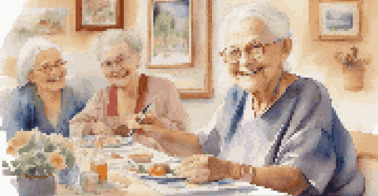 An elderly patient happily painting with watercolors at a table, surrounded by supportive family members in a cozy care environment.