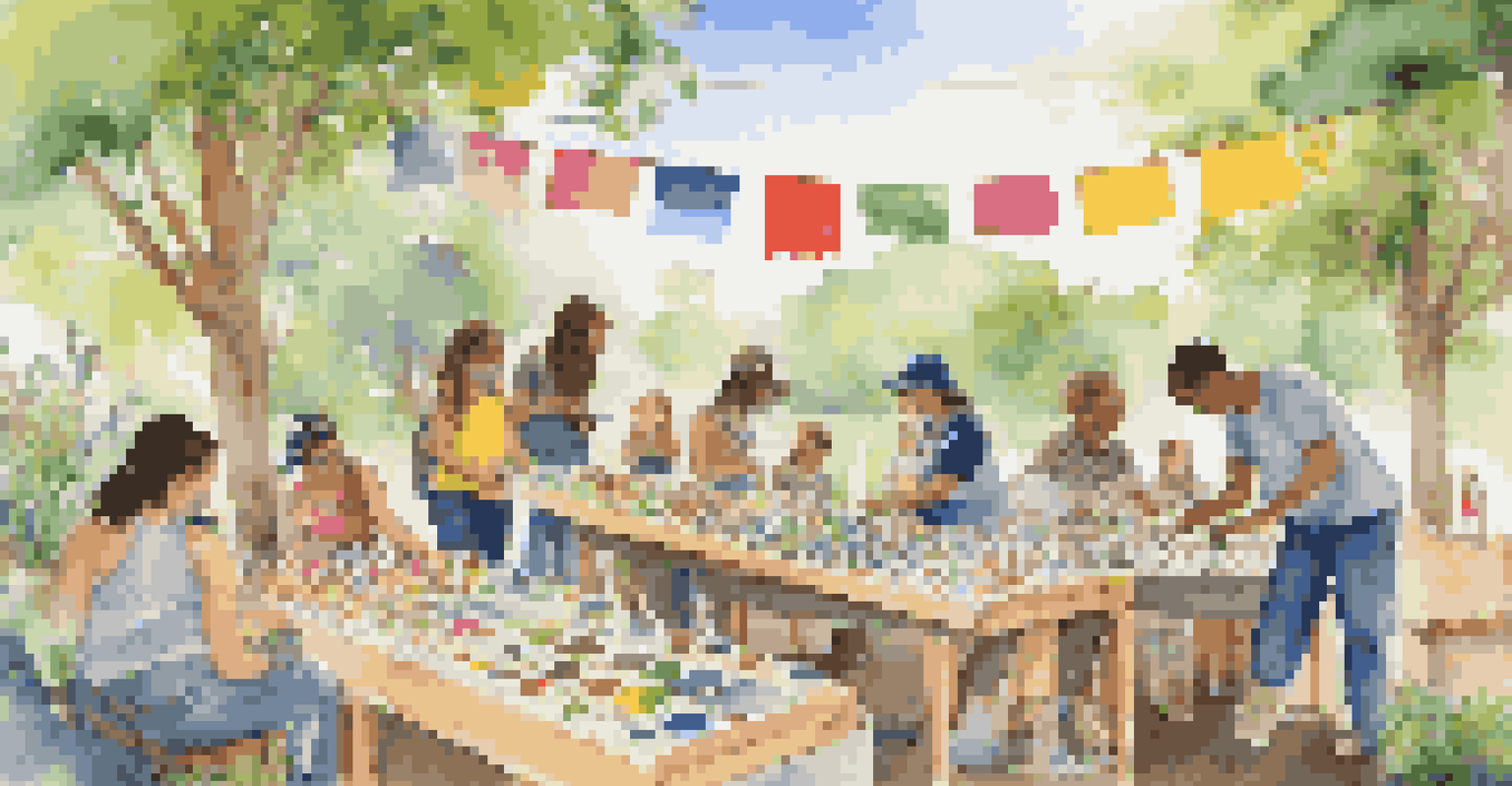 A diverse group of people participating in an outdoor workshop, making art from recycled materials under a sunny sky.
