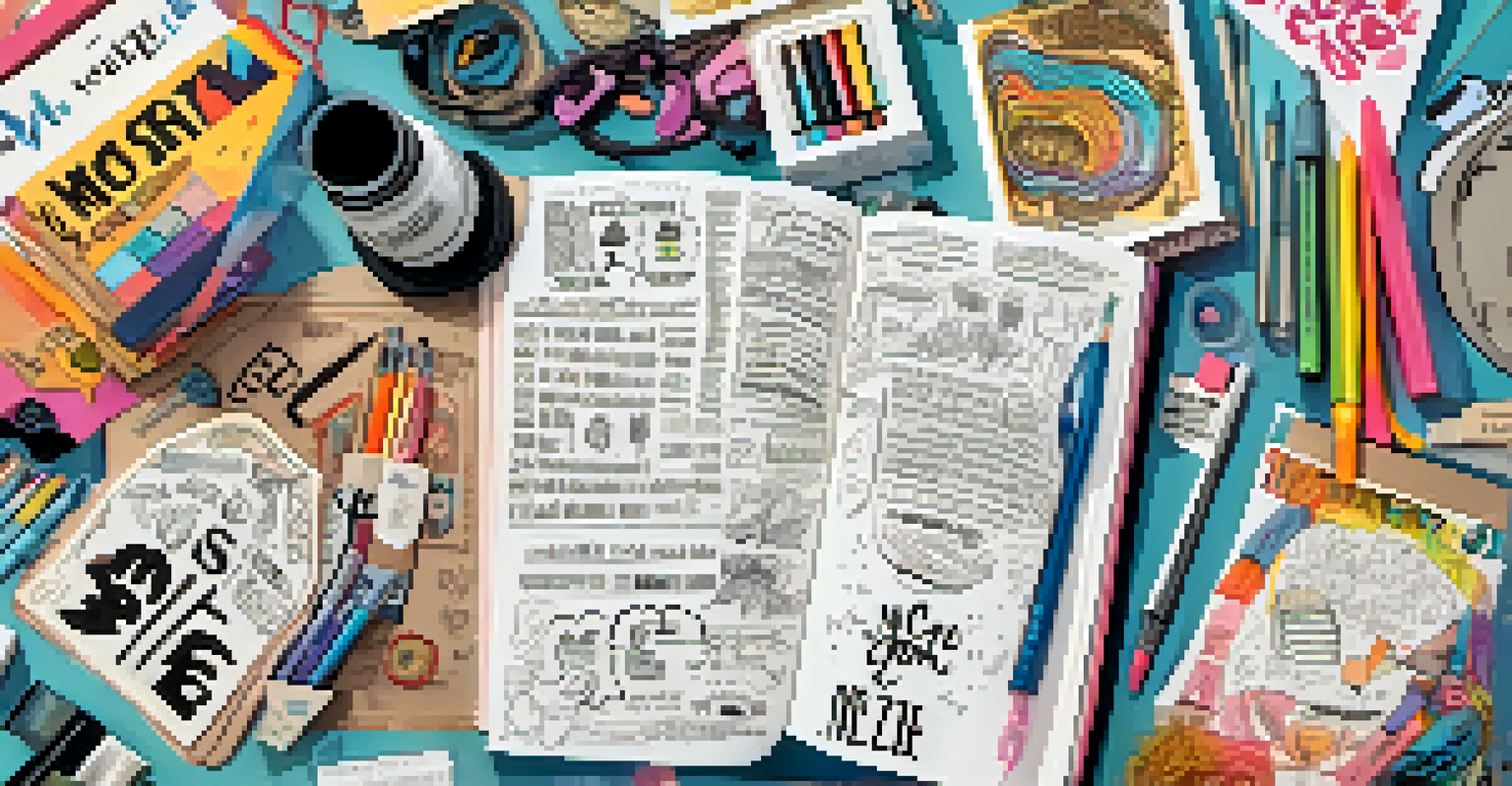 A close-up of a colorful hand-drawn zine page with empowering messages and art supplies around it.