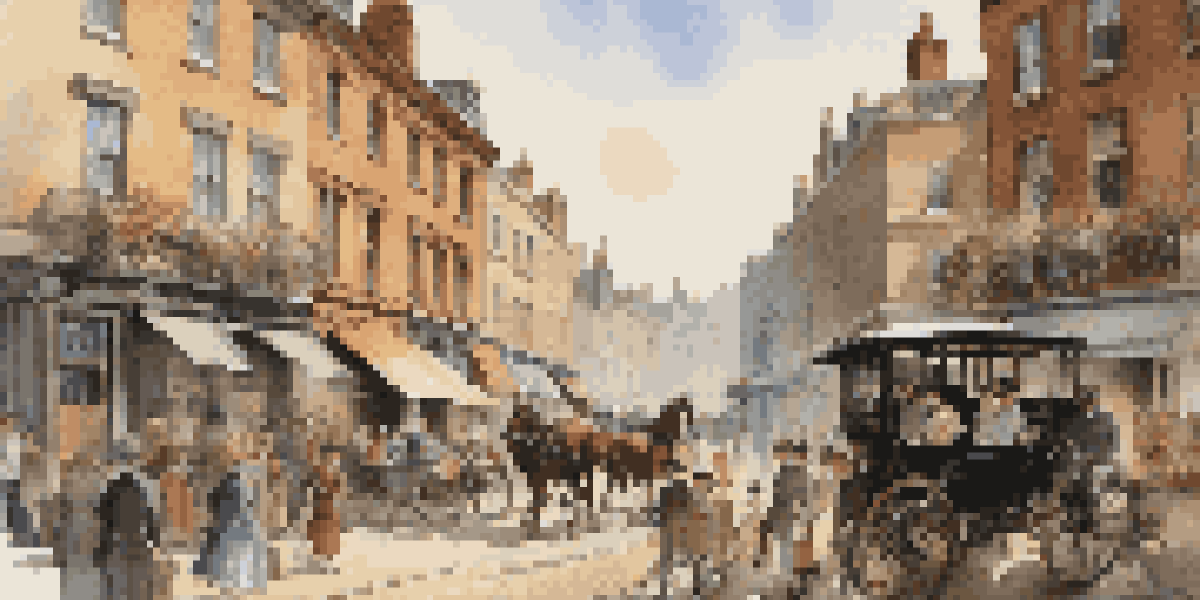 A lively Victorian street filled with horse-drawn carriages and elegantly dressed people, illuminated by warm afternoon sunlight.