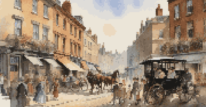A lively Victorian street filled with horse-drawn carriages and elegantly dressed people, illuminated by warm afternoon sunlight.