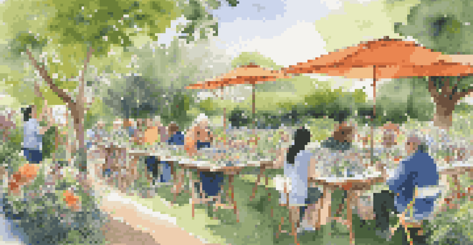 An outdoor art workshop in a garden with diverse artists painting on easels amidst blooming flowers.