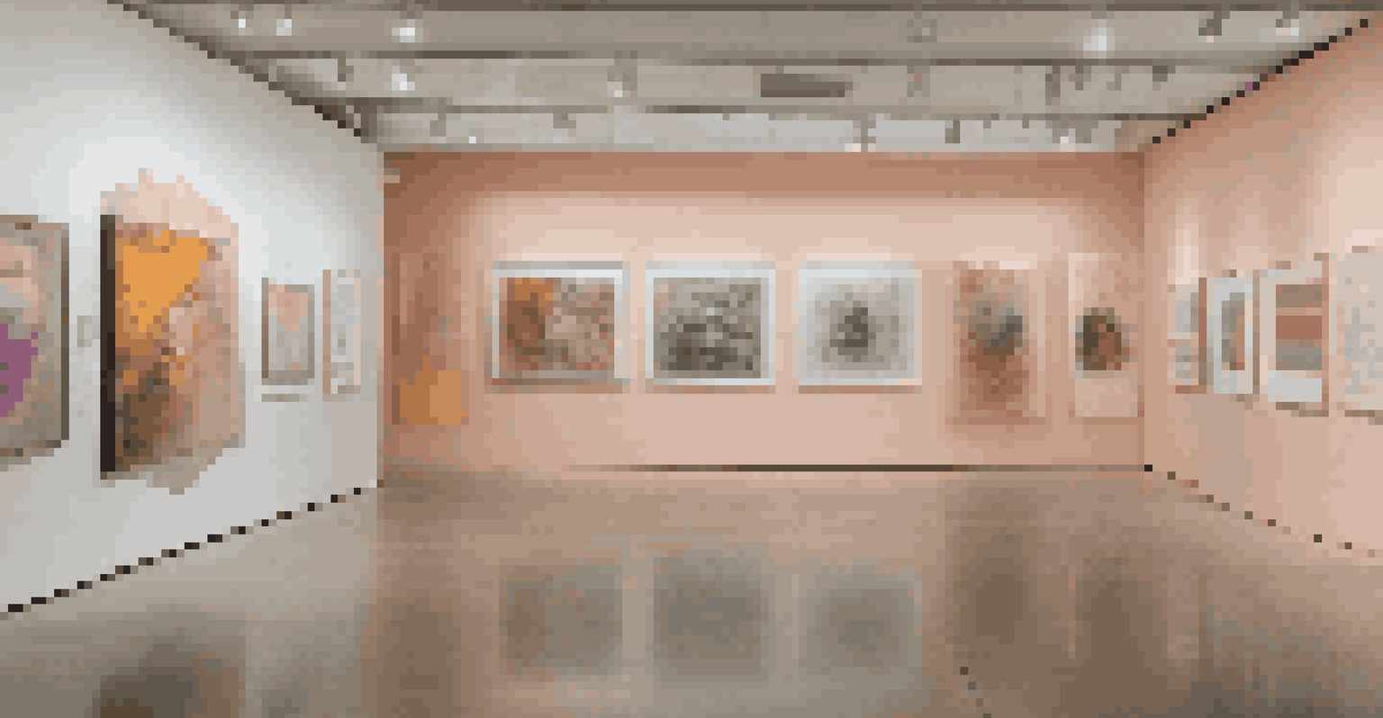 An art gallery showcasing a collaborative installation with mixed media artworks about identity politics, illuminated by soft lighting.