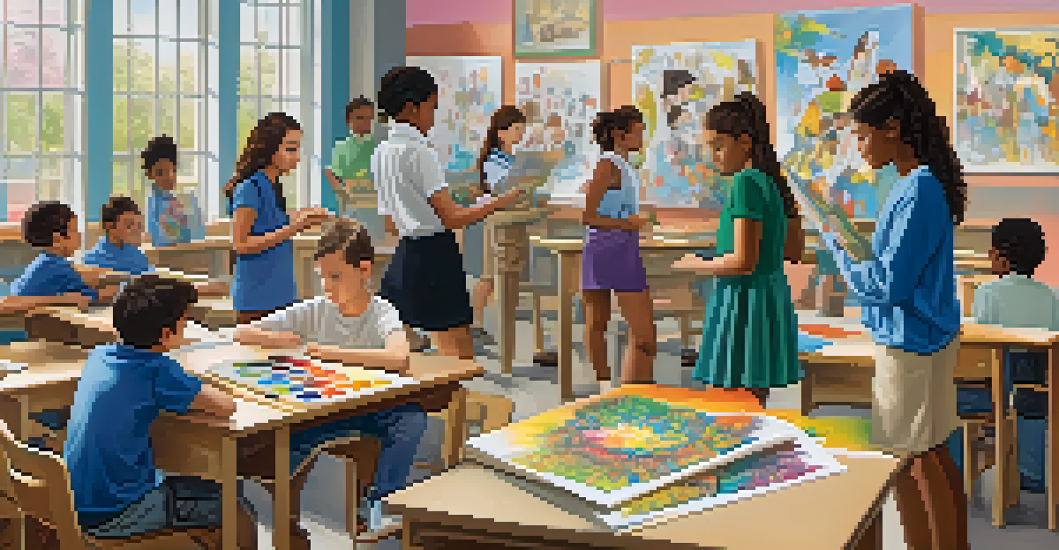 A classroom filled with students of different backgrounds participating in an art lesson, with student artworks displayed on the walls.