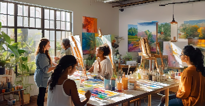 A bright art workshop with diverse artists painting on canvases, surrounded by art supplies and plants, bathed in warm sunlight.