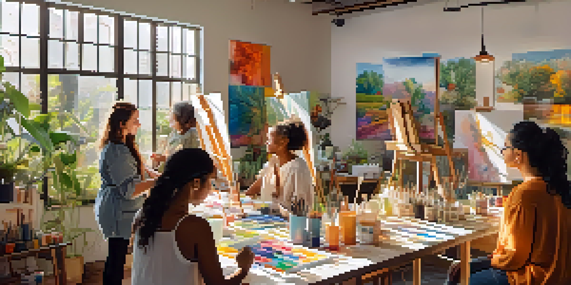 A bright art workshop with diverse artists painting on canvases, surrounded by art supplies and plants, bathed in warm sunlight.