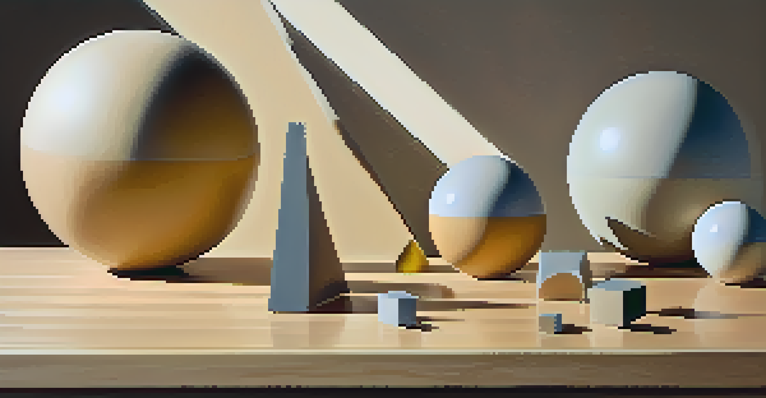 Geometric shapes representing the human body, arranged on a table with soft lighting and shadows.