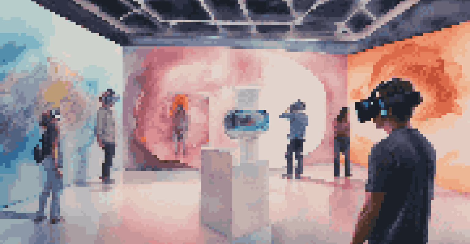 A person in VR goggles exploring a futuristic 3D art gallery with holographic displays and avatars giving feedback.