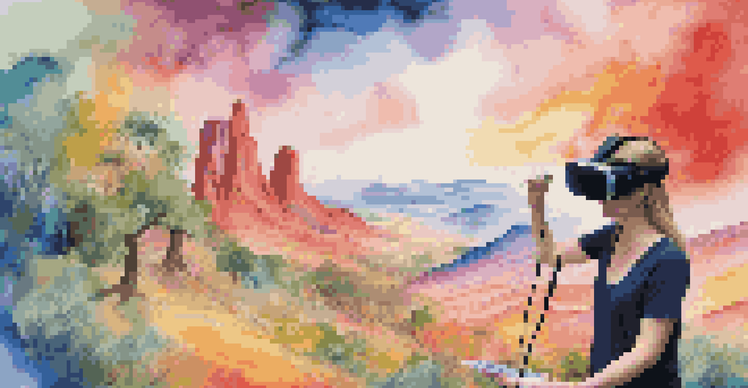 A person wearing VR goggles, painting a colorful landscape in a virtual reality setting.