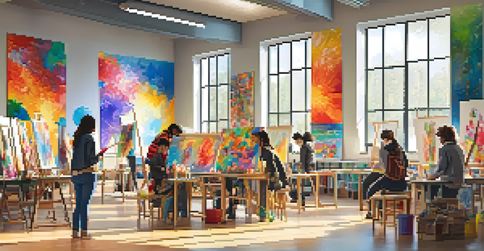 A lively art classroom with diverse students participating in different artistic activities, illuminated by sunlight.